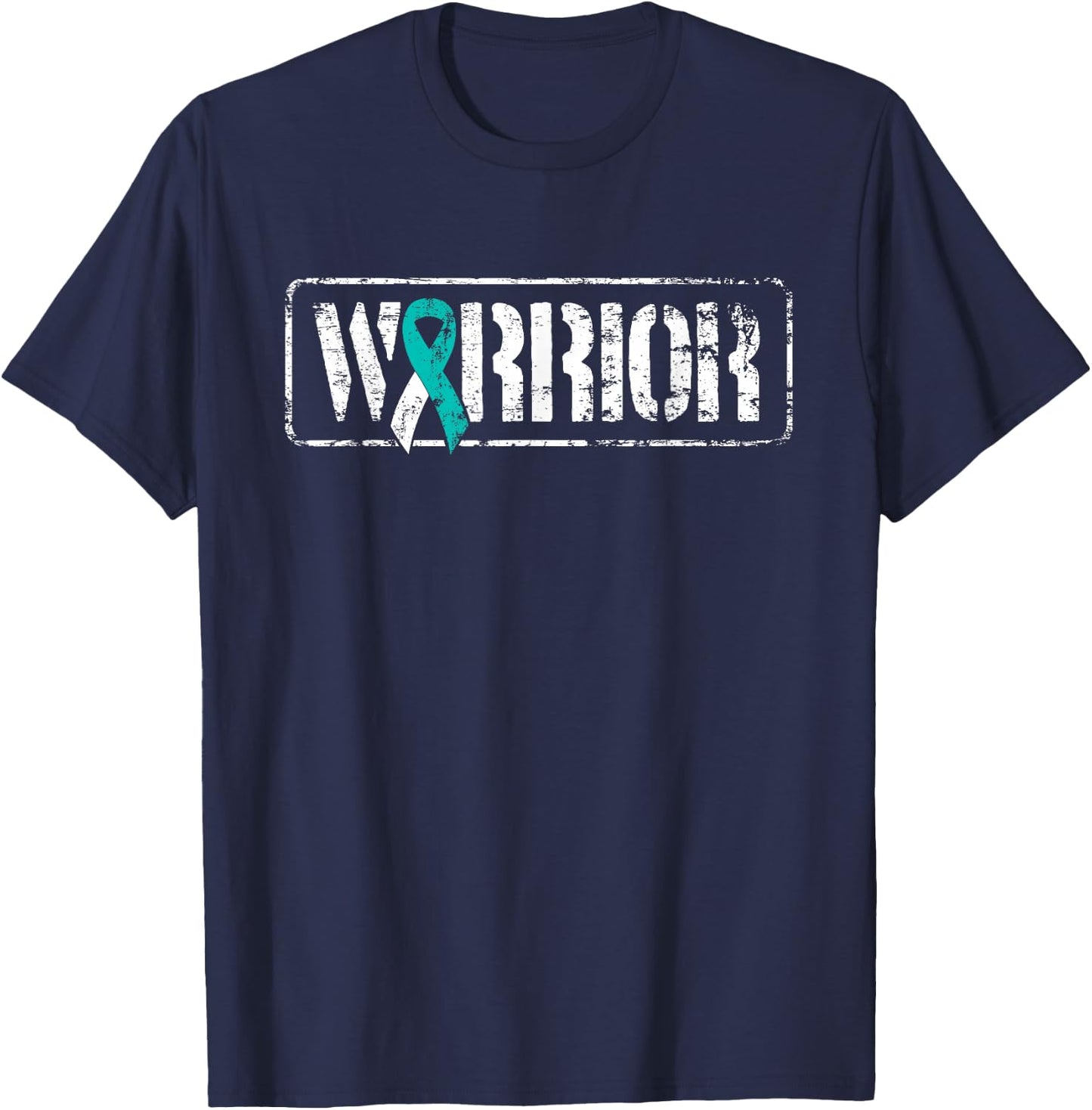 Cervical Cancer Warrior - Teal White Military-Style Ribbon T-Shirt - T-Shirt | Navy