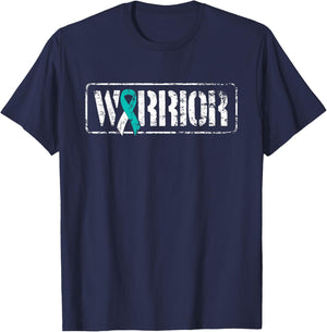 Cervical Cancer Warrior - Teal White Military-Style Ribbon T-Shirt - T-Shirt | Navy