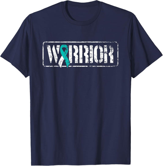 Cervical Cancer Warrior - Teal White Military-Style Ribbon T-Shirt - T-Shirt | Navy