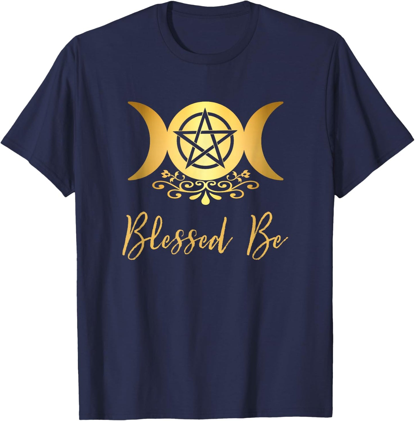 Blessed Be Wiccan Pagan Triple Moon Goddess and Pentacle T-Shirt - T-Shirt | Navy