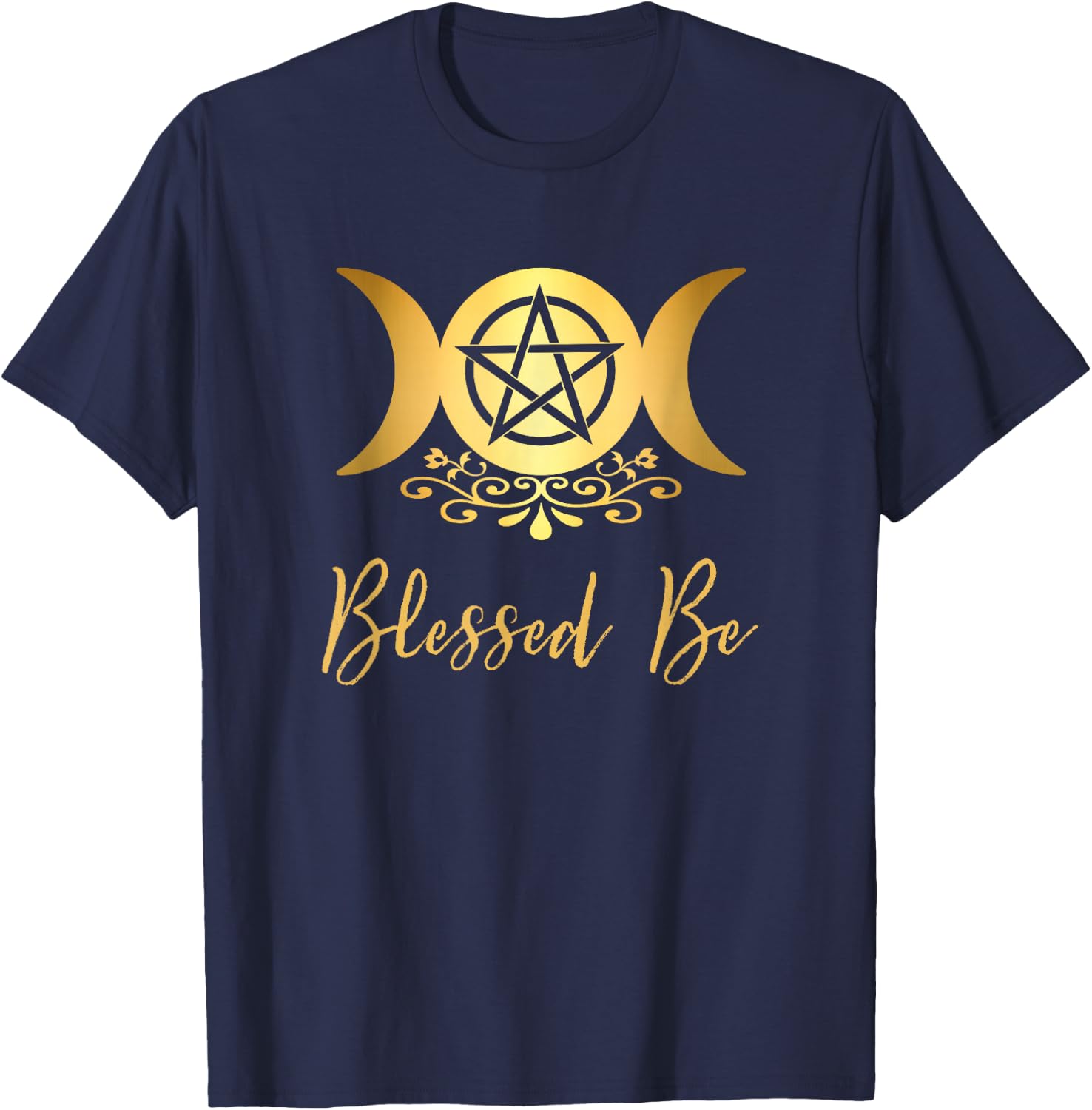 Blessed Be Wiccan Pagan Triple Moon Goddess and Pentacle T-Shirt - T-Shirt | Navy