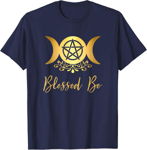Blessed Be Wiccan Pagan Triple Moon Goddess and Pentacle T-Shirt - T-Shirt | Navy