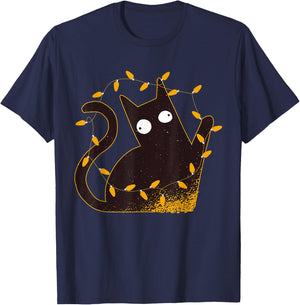 Meowy Catmas Meowie Christmas Sweater Naughty Cat Light Tree T-Shirt - T-Shirt | Navy