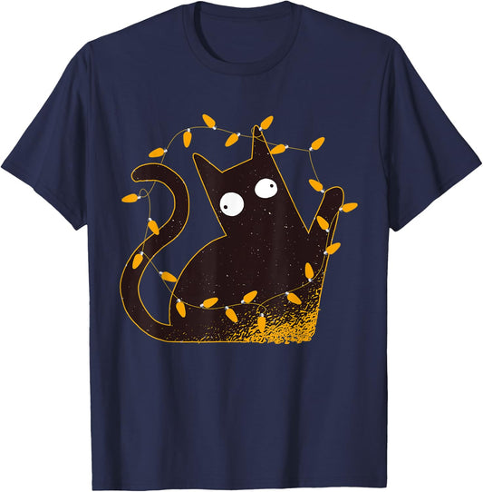Meowy Catmas Meowie Christmas Sweater Naughty Cat Light Tree T-Shirt - T-Shirt | Navy