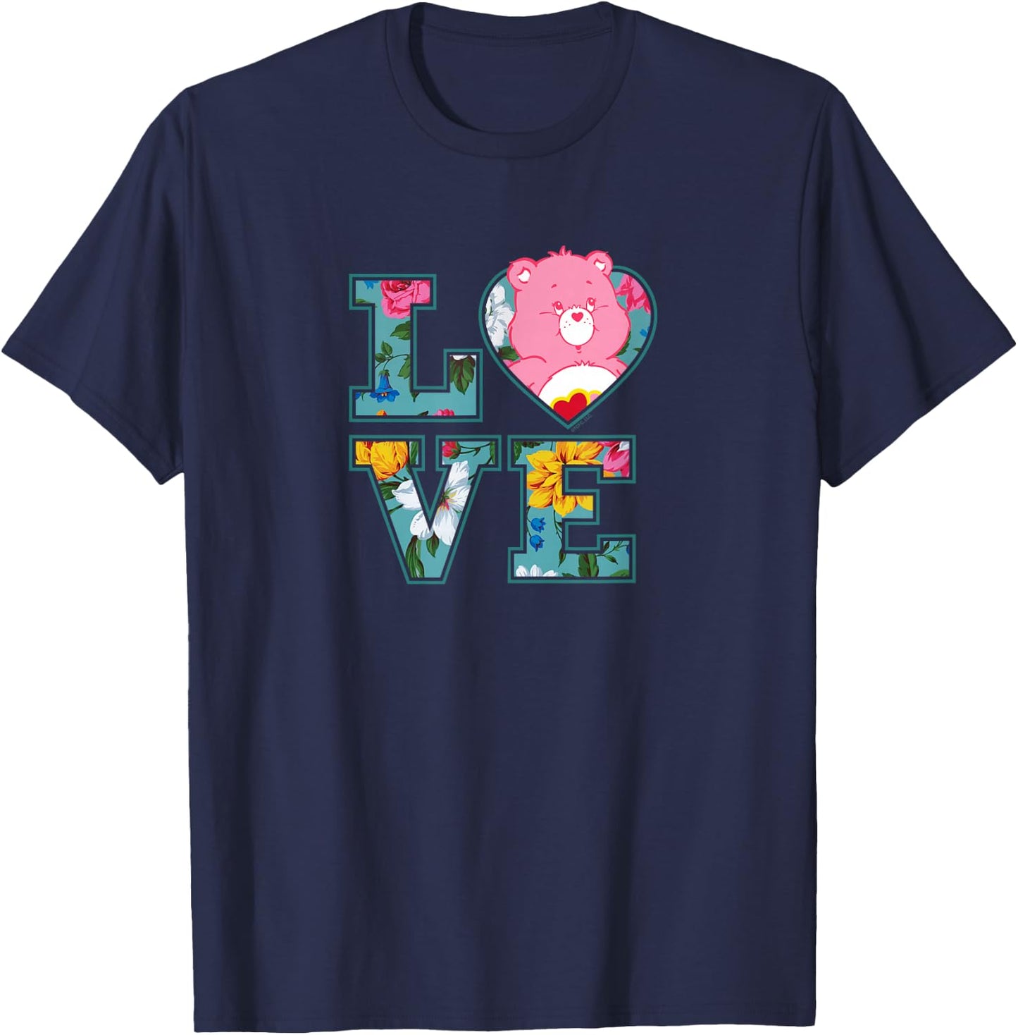 Care Bears Love Floral Block Letters Cute Cartoon T-Shirt - T-Shirt | Navy