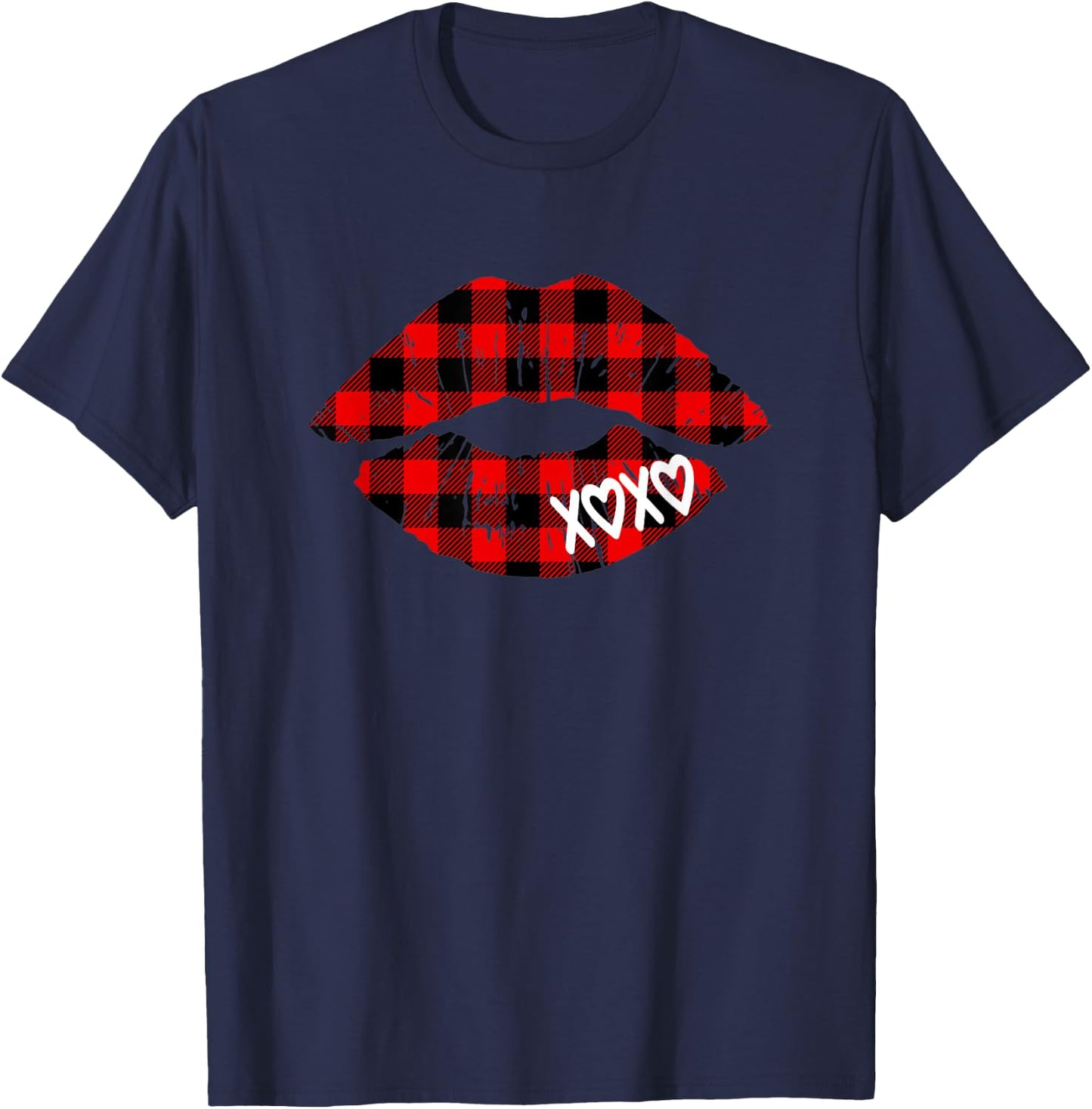 Red Buffalo Plaid Lips T Shirt Valentine Day XOXO Women Girl T-Shirt - T-Shirt | Navy