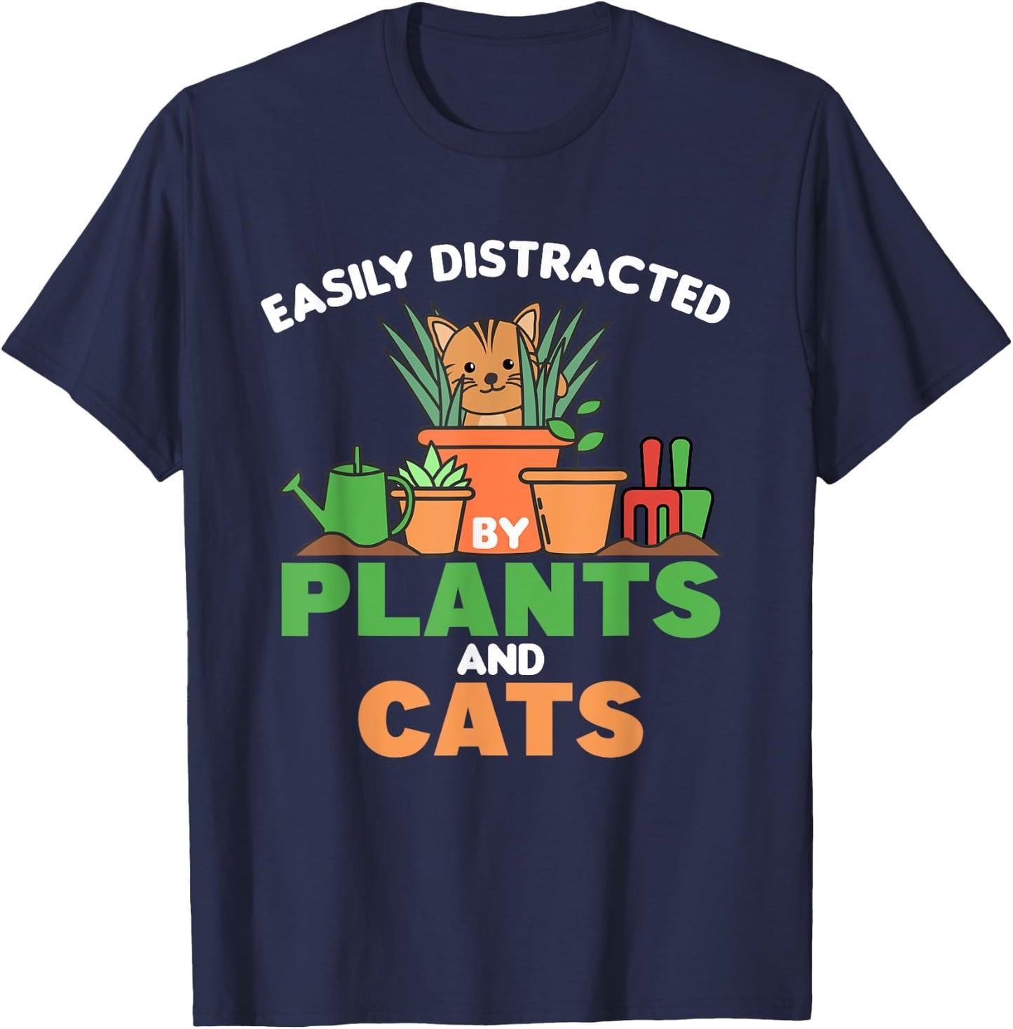 Easily Distracted By Plants And Cats Cute Cat With Flowers Men Women Kids T-Shirt - T-Shirt | Navy