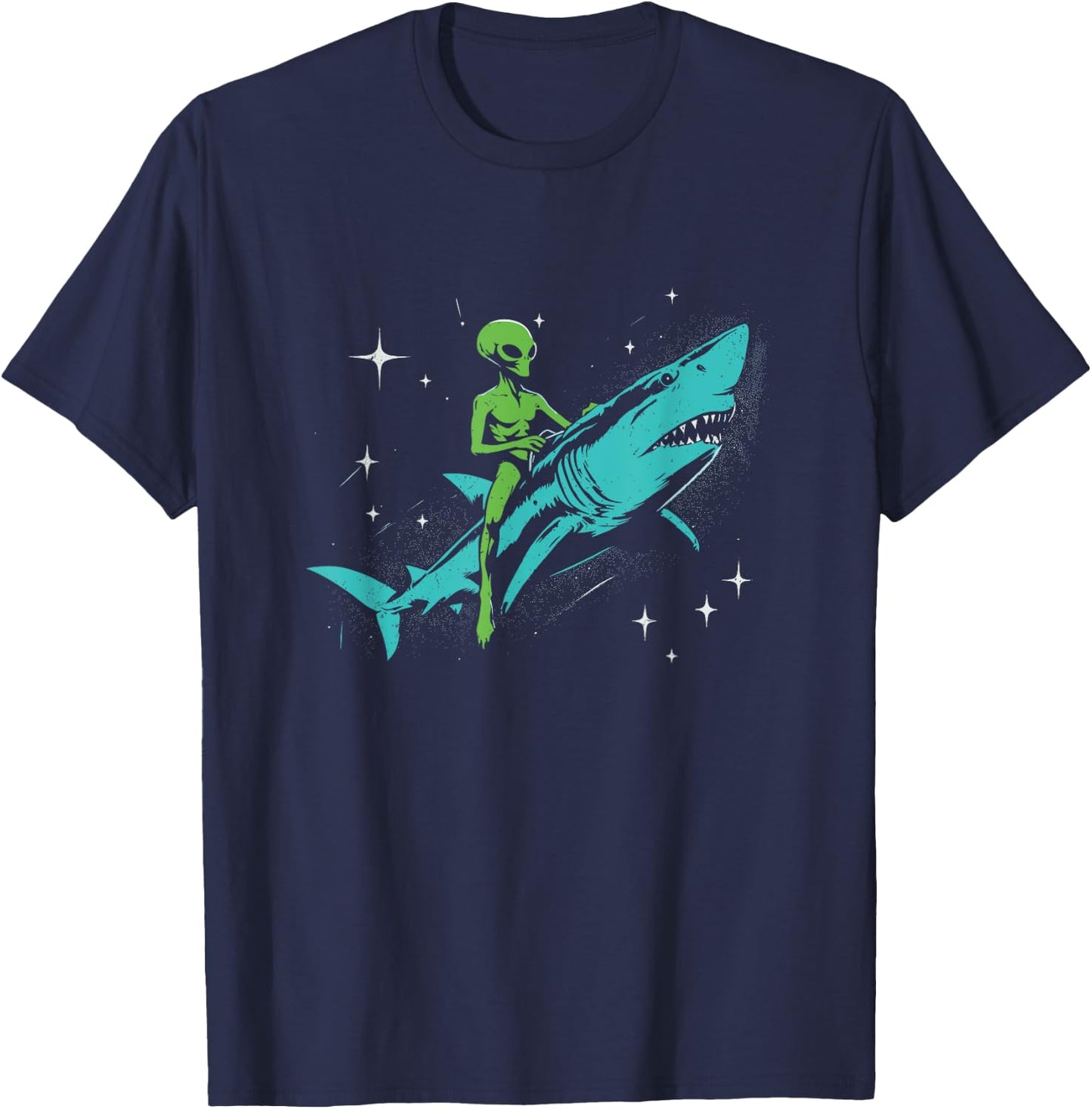 Alien Riding A Shark - Funny Graphic Alien UFO Space Lover T-Shirt - T-Shirt | Navy