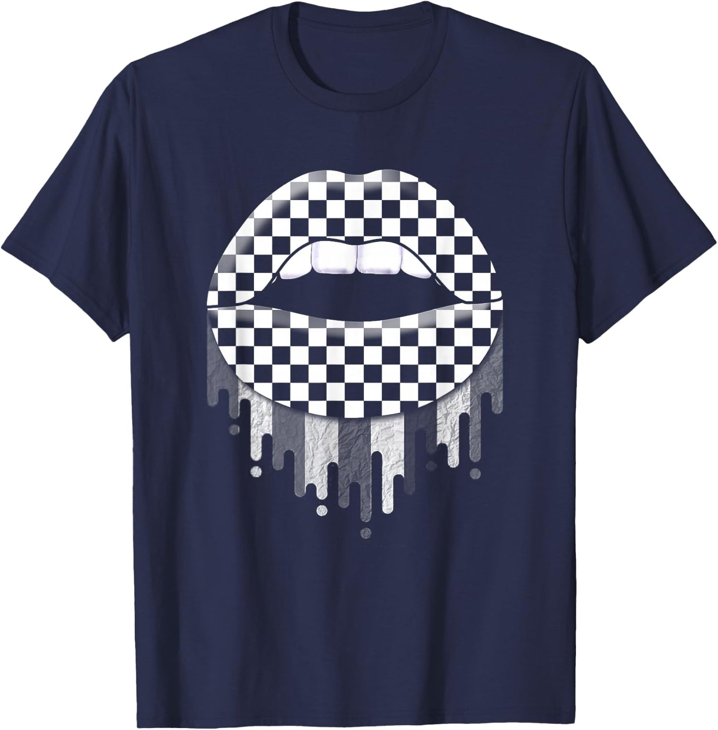 Checkered Black White Lip Cute Checkerboard T-Shirt - T-Shirt | Navy