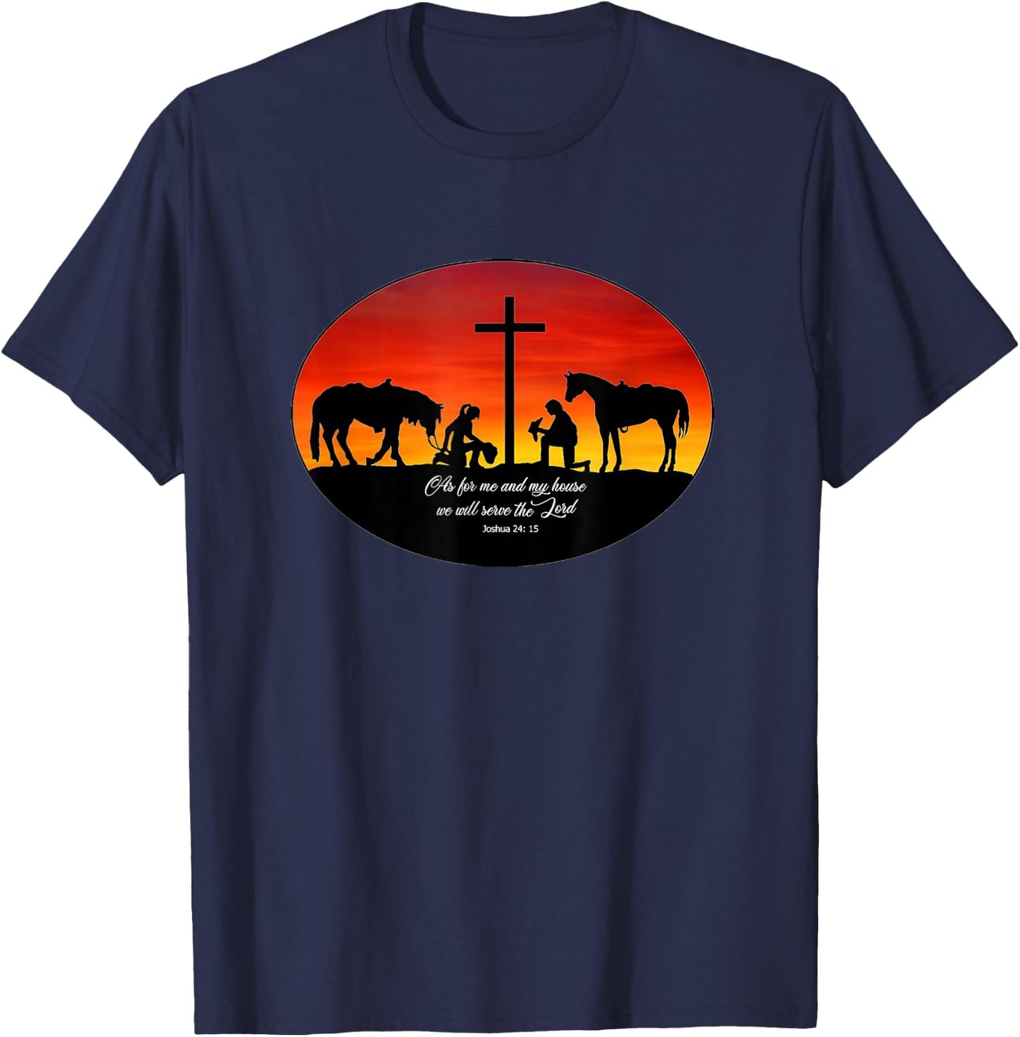 2 Cowhands praying at the Cross sunset. Christian Cowboy T-Shirt - T-Shirt | Navy