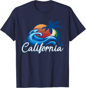 Tropical Sunset Cali Beach Waves Surfing USA California T-Shirt - T-Shirt | Navy