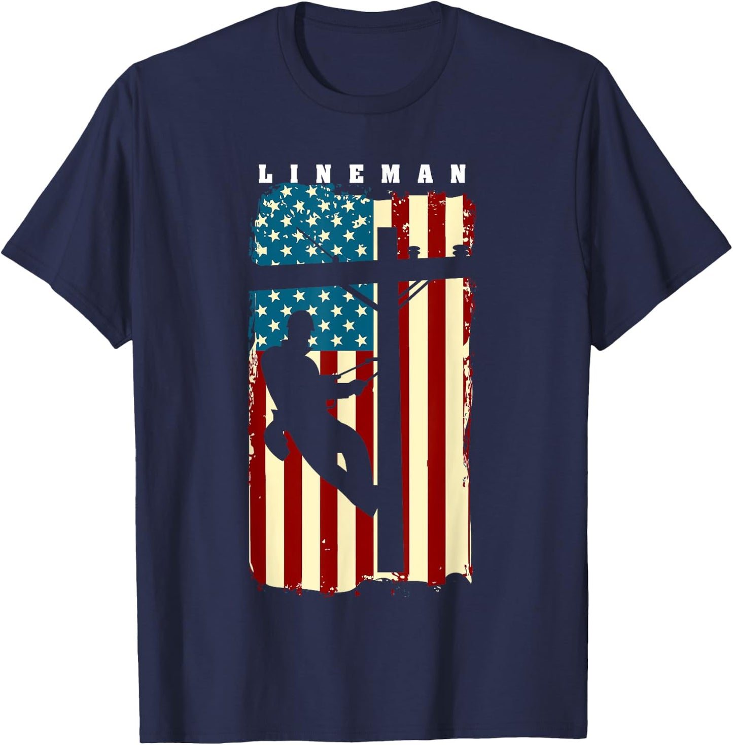 Lineman American Flag | Electric Cable Lineman Gift T-Shirt - T-Shirt | Navy