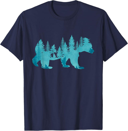 Nature Forest Mountains Trees Wildlife Animal Brown Bear Small T-Shirt - T-Shirt | Navy