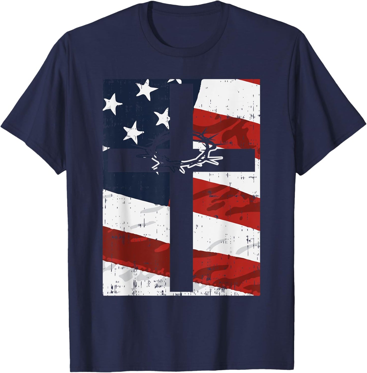 Cross American Flag Thorn God Jesus Faith Christian Gift T-Shirt - T-Shirt | Navy