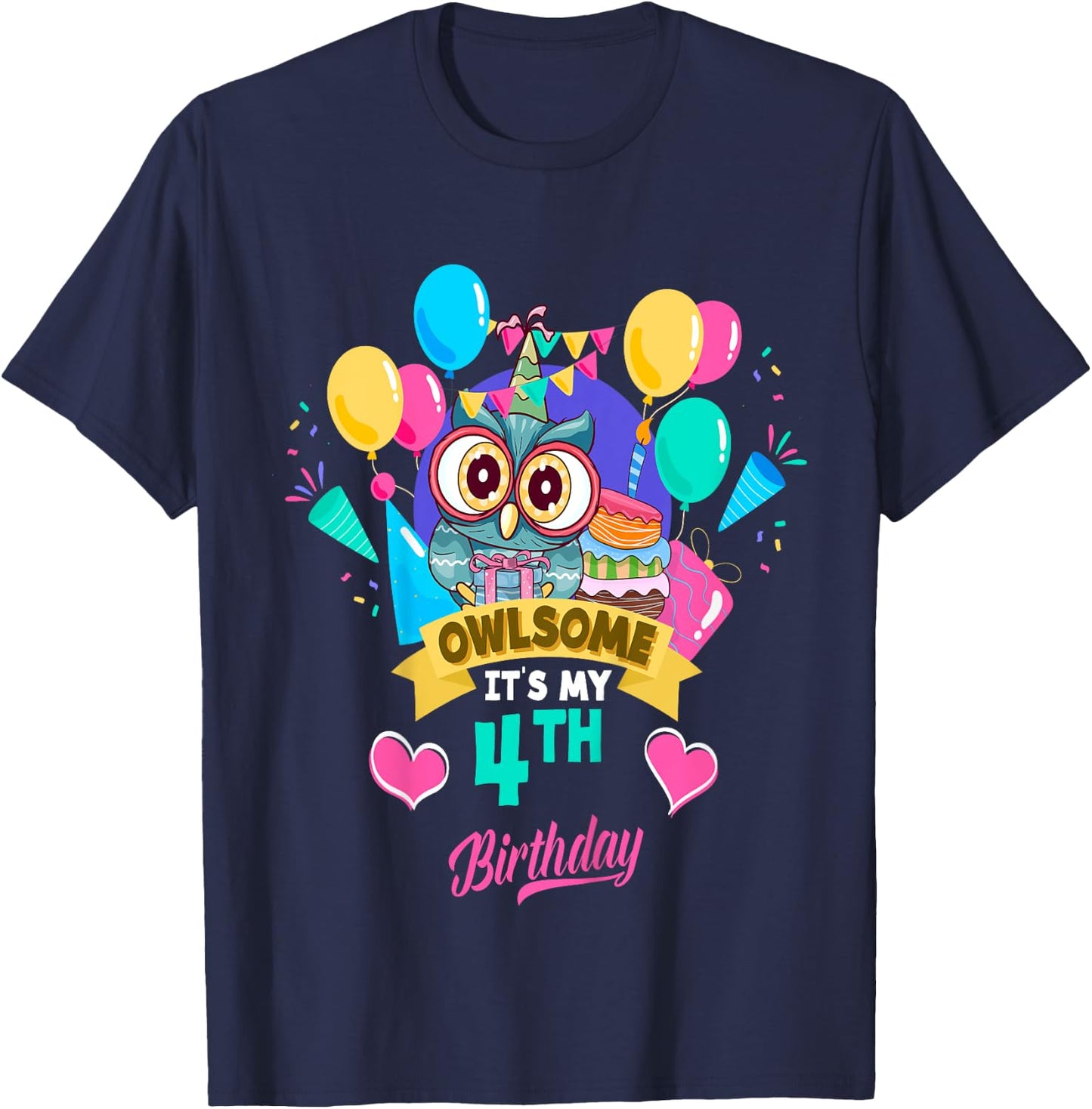 Four Year Old Birthday Owlsome It's My 4th Birthday Owl T-Shirt - T-Shirt | Navy