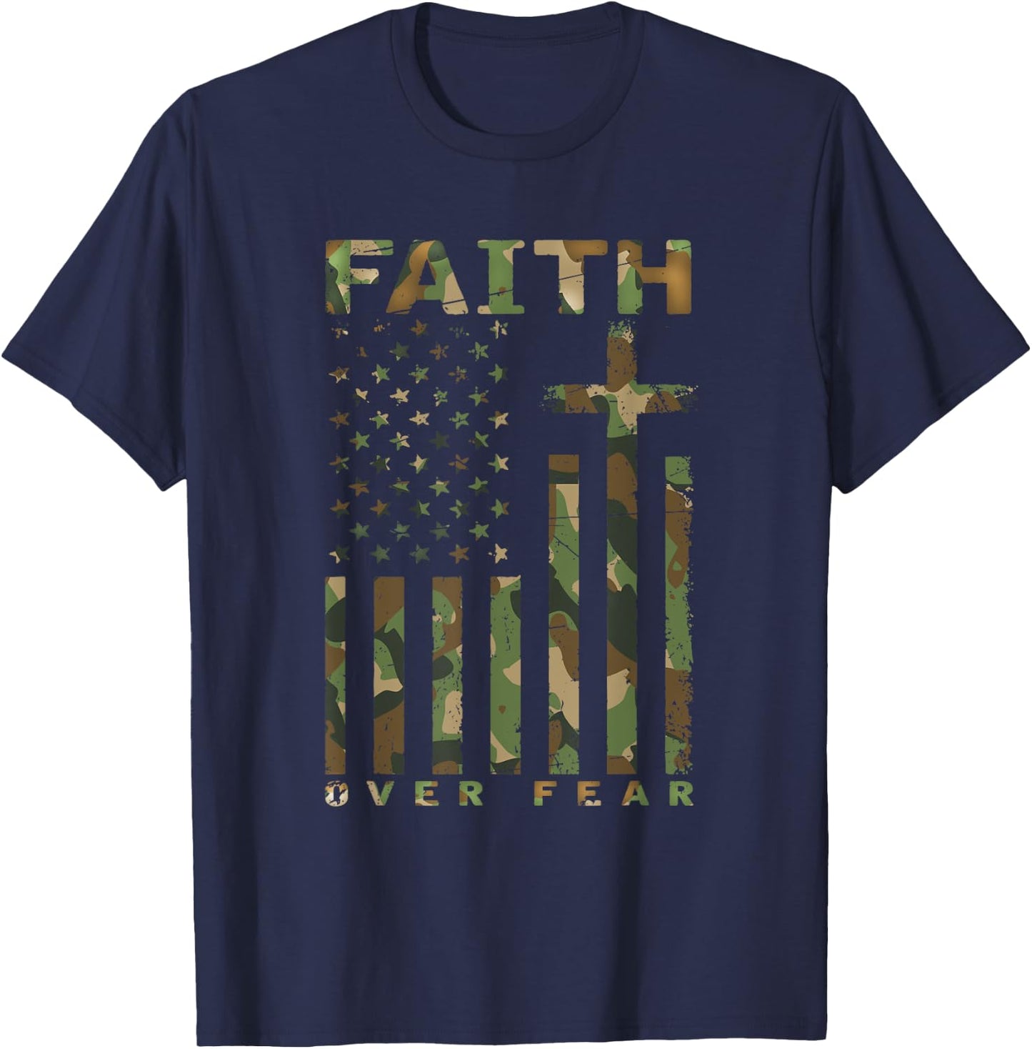Faith Over Fear Military Camo - Inspirational Christian T-Shirt - T-Shirt | Navy