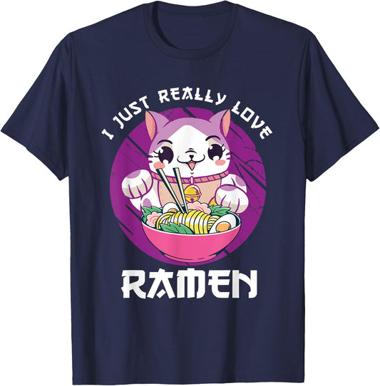 I Just Really Love Ramen Japanese Noodles Kawaii Anime Cat T-Shirt - T-Shirt | Navy