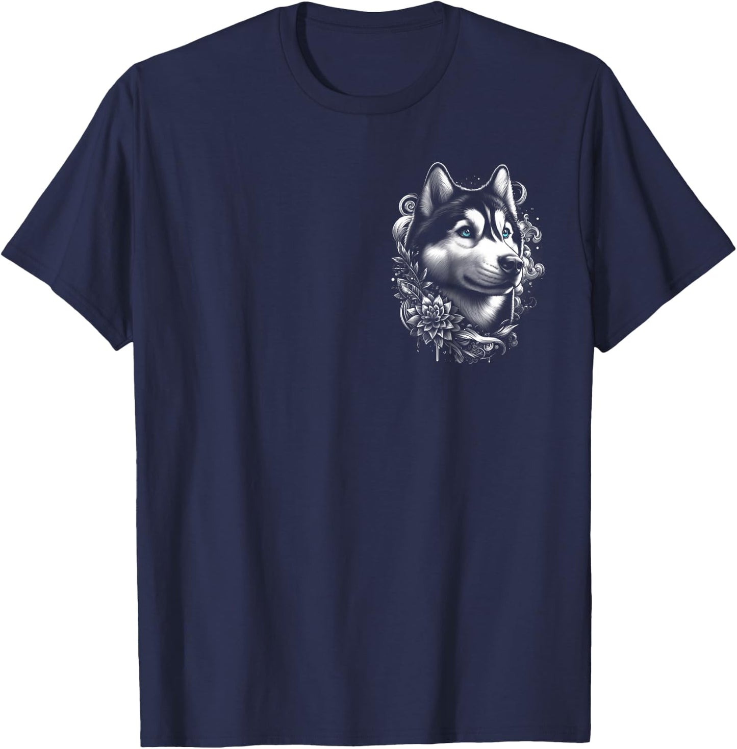 MyAnimal - Your Favourite Animal Wear Cool Husky with Blue Eyes and Flowers Decoration on Chest , Small T-Shirt - T-Shirt | Navy