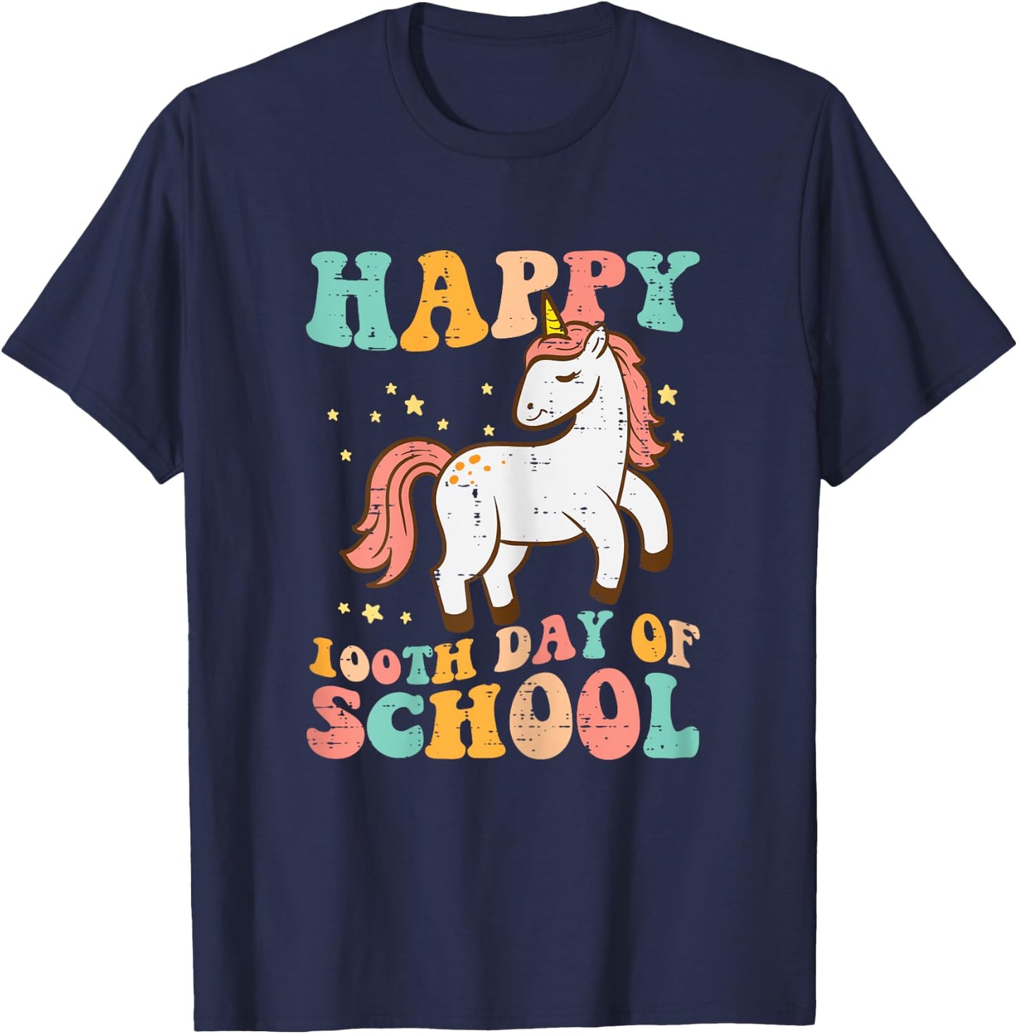 Happy 100th Day School Unicorn Retro 100th Day Women Girls T-Shirt - T-Shirt | Navy