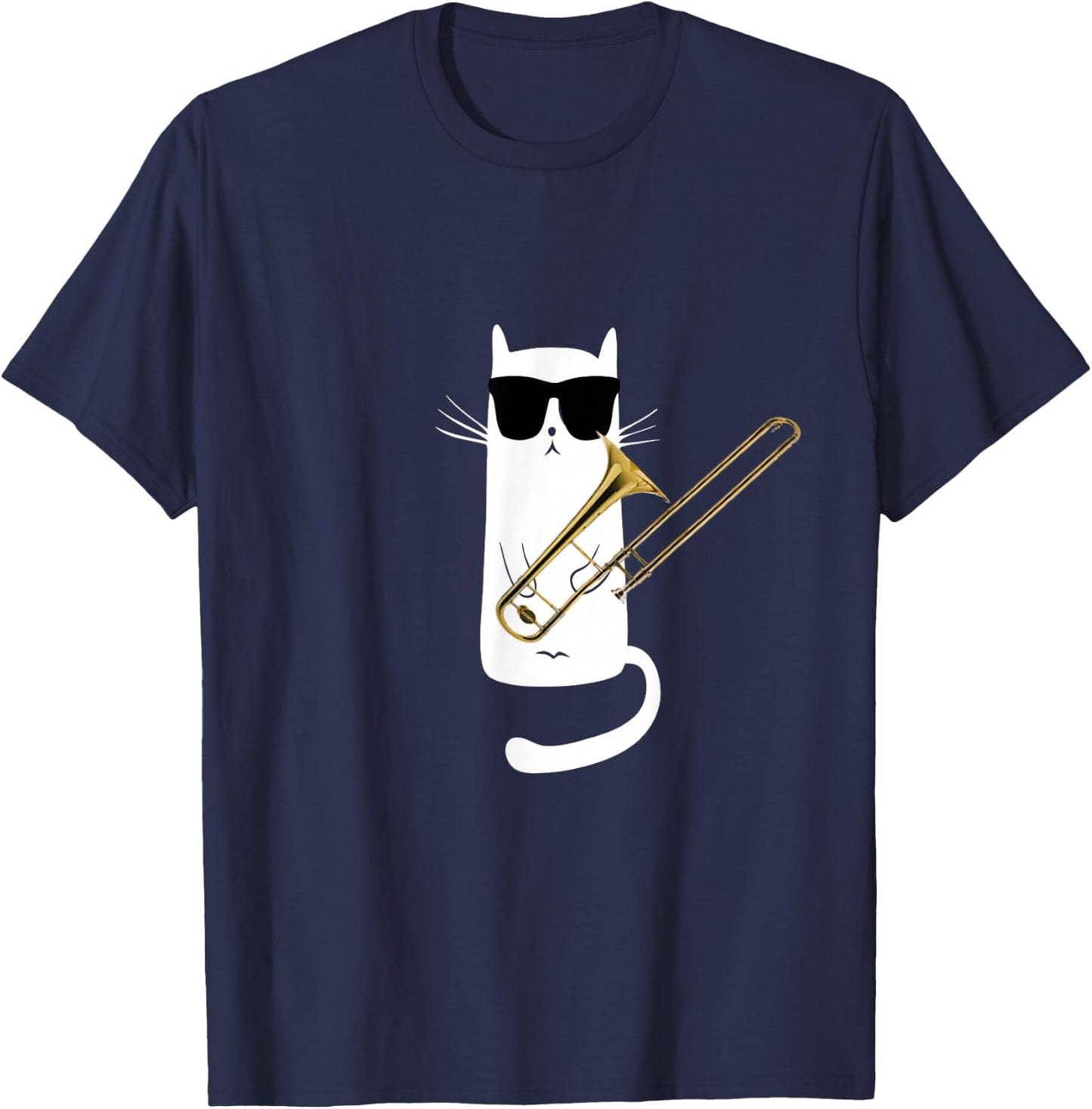 Funny Cat Wearing Sunglasses Playing Trombone Small T-Shirt - T-Shirt | Navy