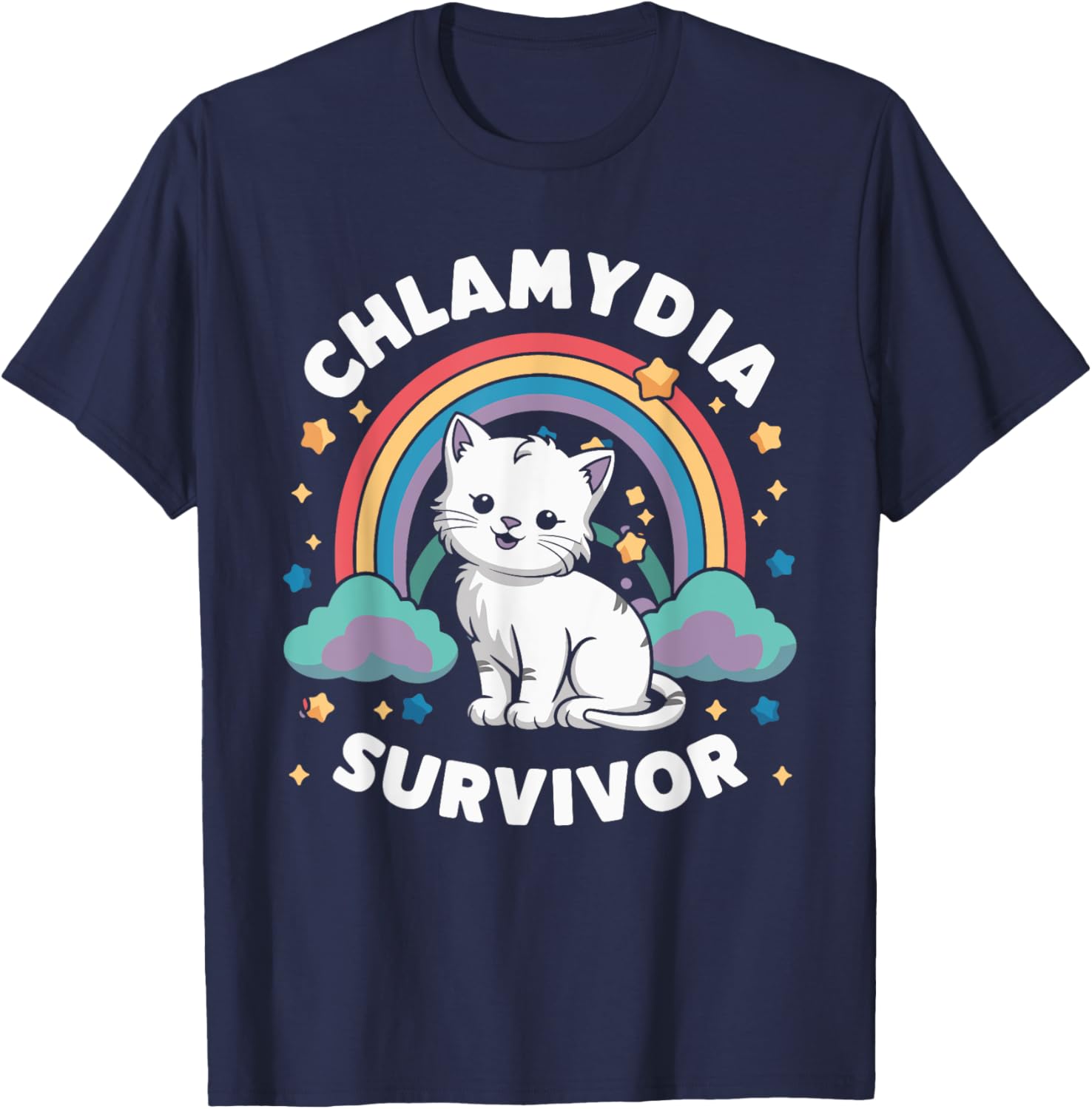Cat Funny Embarrassing Meme Adult Humor Chlamydia Survivor , Small, Black T-Shirt - T-Shirt | Navy