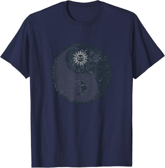 Meditation Yin Yang Sun Moon Distressed T-Shirt - T-Shirt | Navy