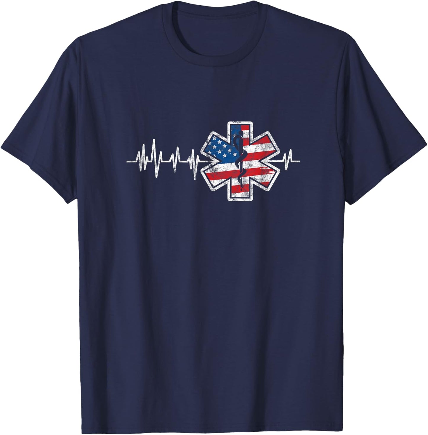 EMS Emergency Medical Service USA Flag Heartbeat 4th of July T-Shirt - T-Shirt | Navy