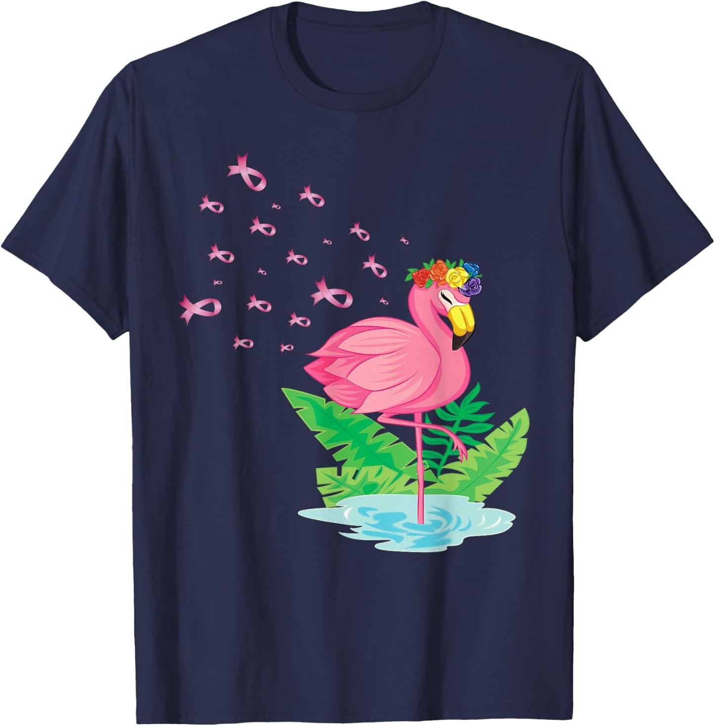 Breast Cancer Pink Flamingo Ribbon Recovery T-Shirt - T-Shirt | Navy