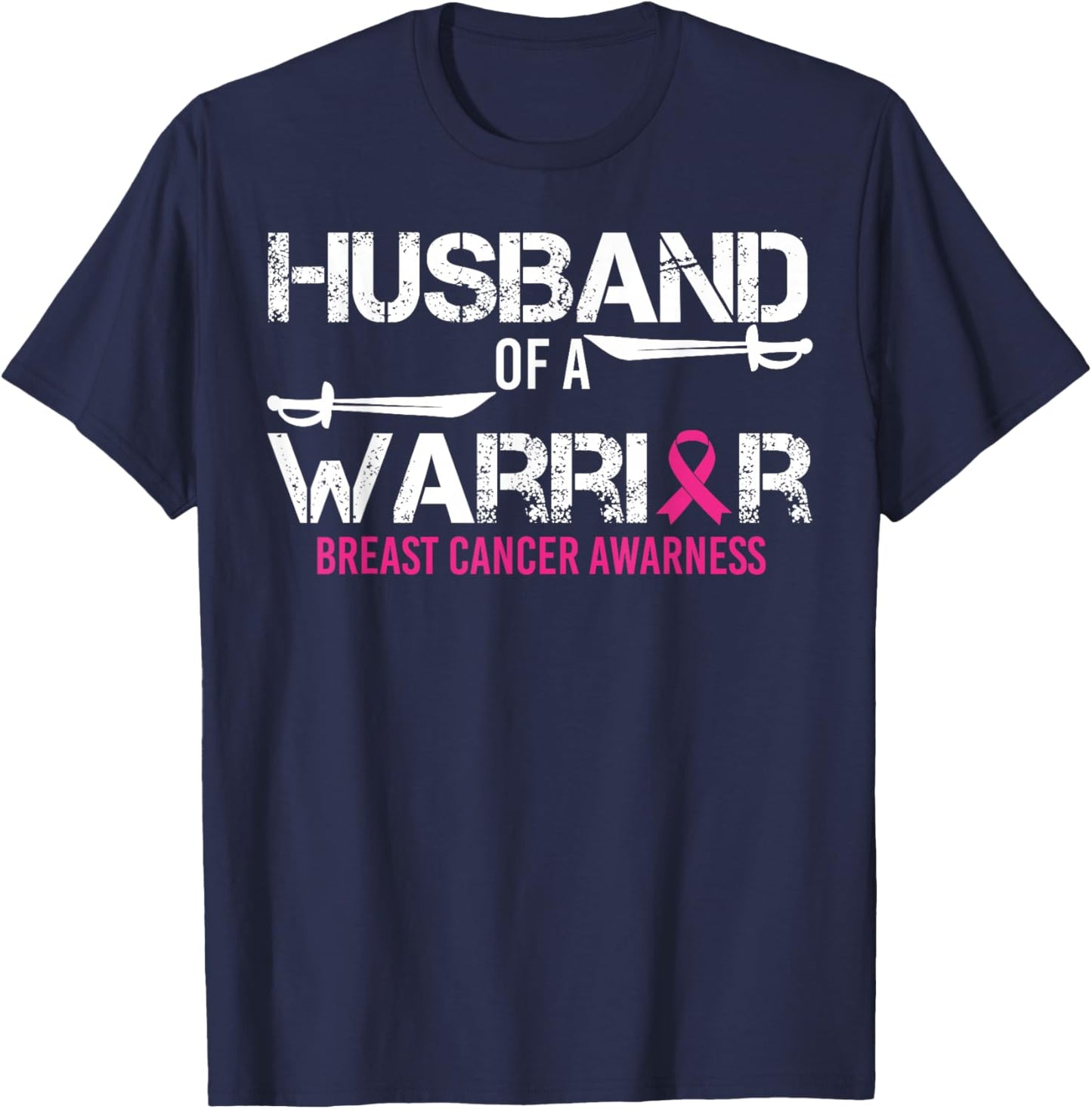 Husband Of A Warrior Pink Ribbon Breast Cancer Awareness T-Shirt - T-Shirt | Navy