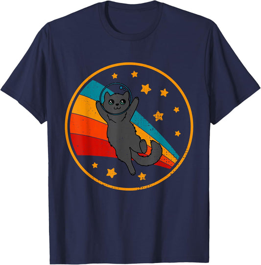 Cute Vintage Nebelung Cat Retro Space Cat Men Women Kids T-Shirt - T-Shirt | Navy