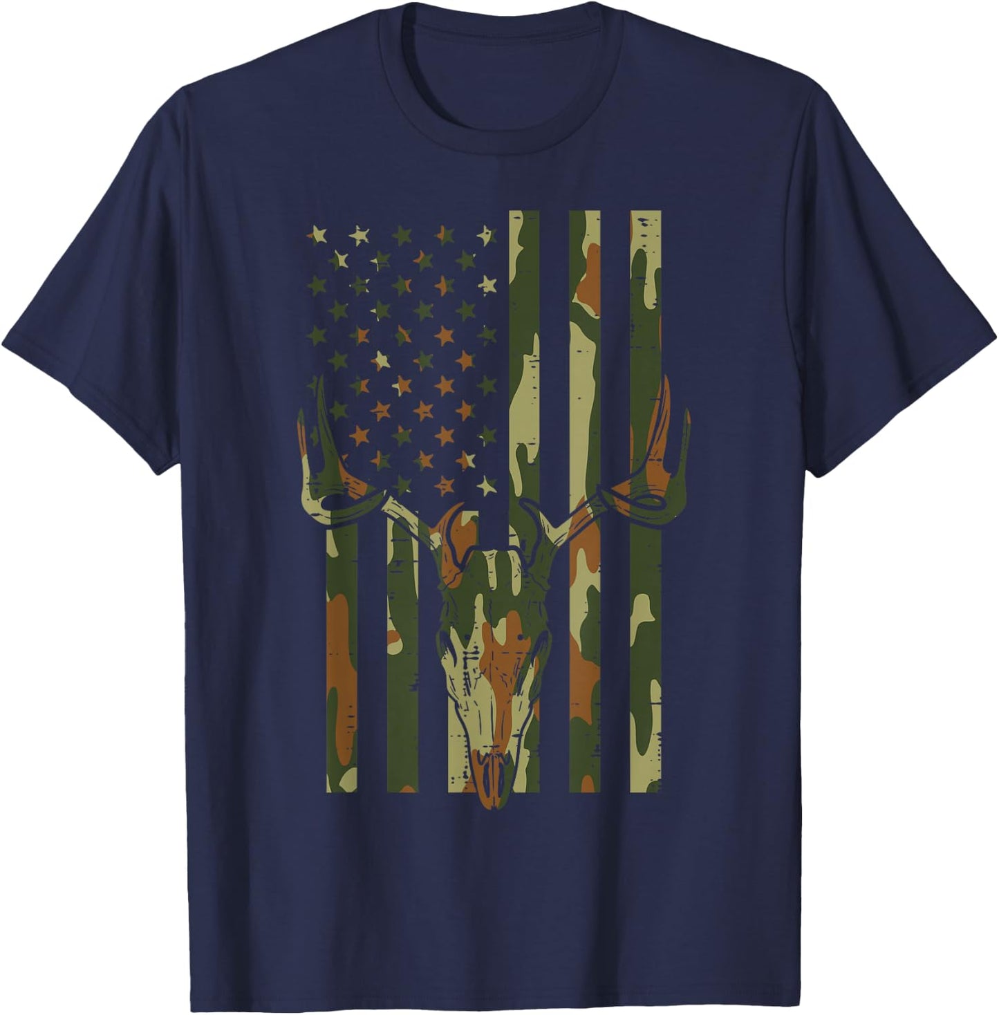 Camo US Flag Deer Skull Vintage Hunting Patriotic Hunt Dad T-Shirt - T-Shirt | Navy