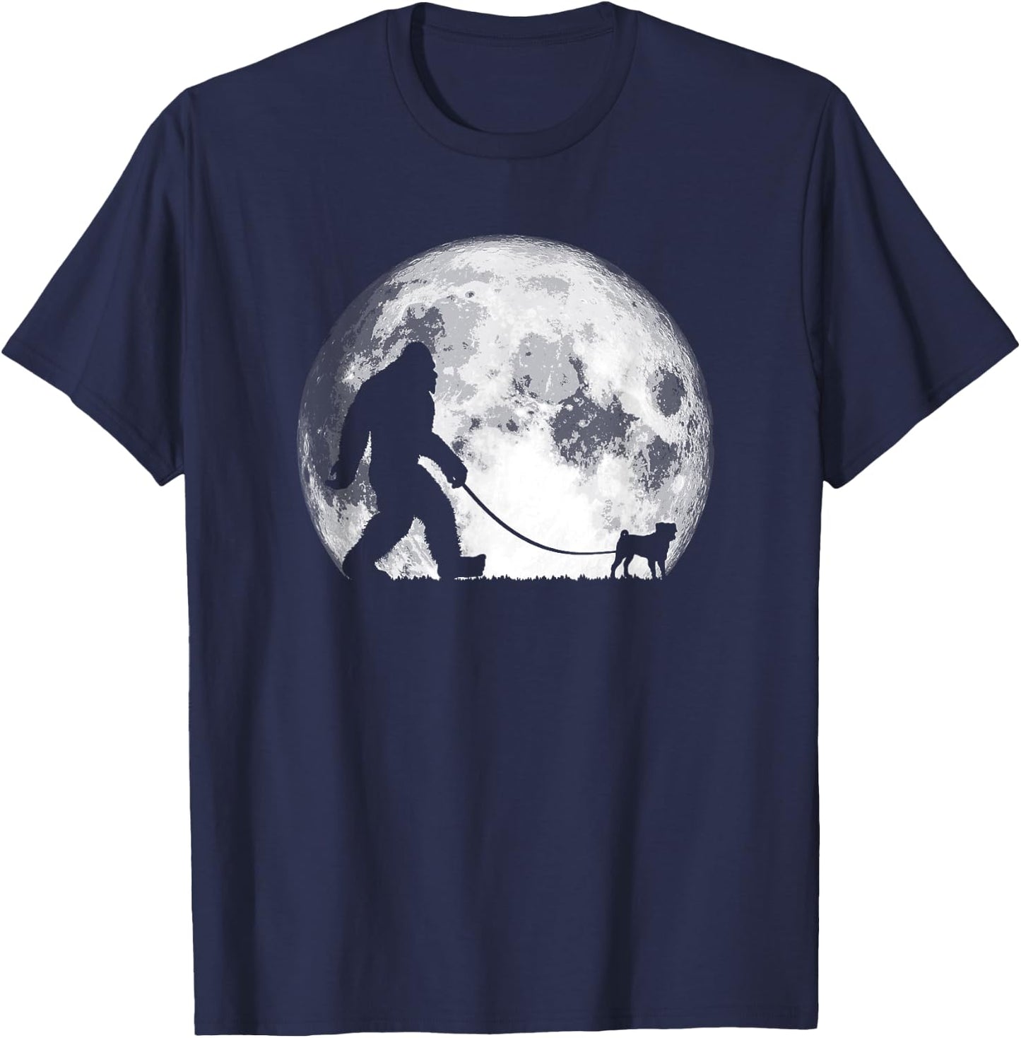Bigfoot & Pug Funny Night Time Dog Walking Graphic T-Shirt - T-Shirt | Navy