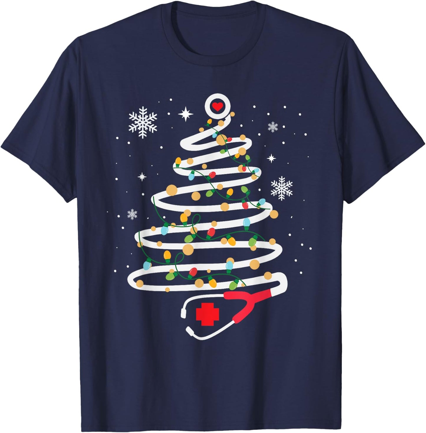 Stethoscope Christmas Tree Cute Healthcare RN Holiday T-Shirt - T-Shirt | Navy