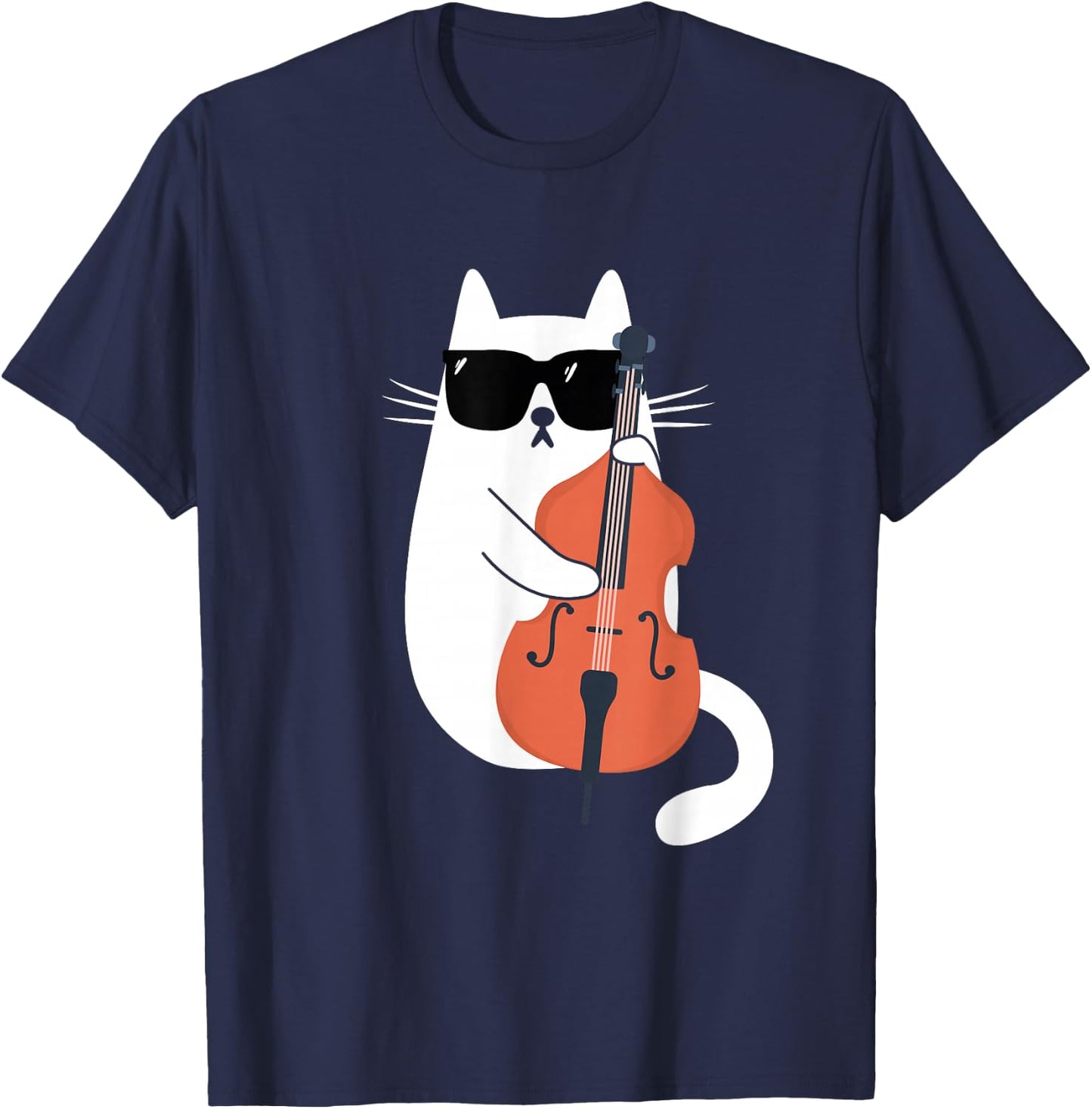 Funny Cat Wearing Sunglasses Playing Double Bass Musician T-Shirt - T-Shirt | Navy