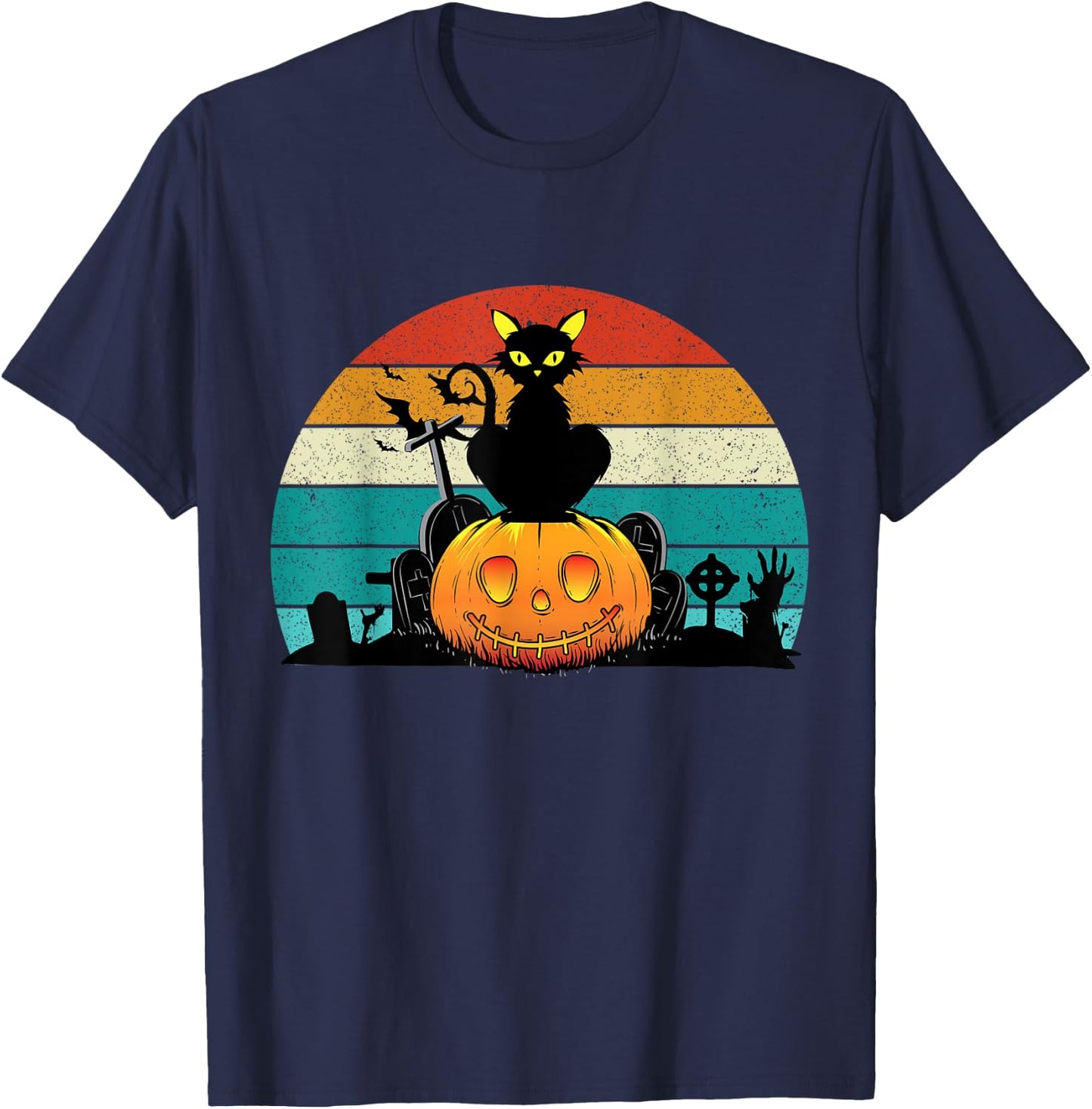 Vintage Scary Halloween Black Cat Costume Retro Moon Cat T-Shirt - T-Shirt | Navy