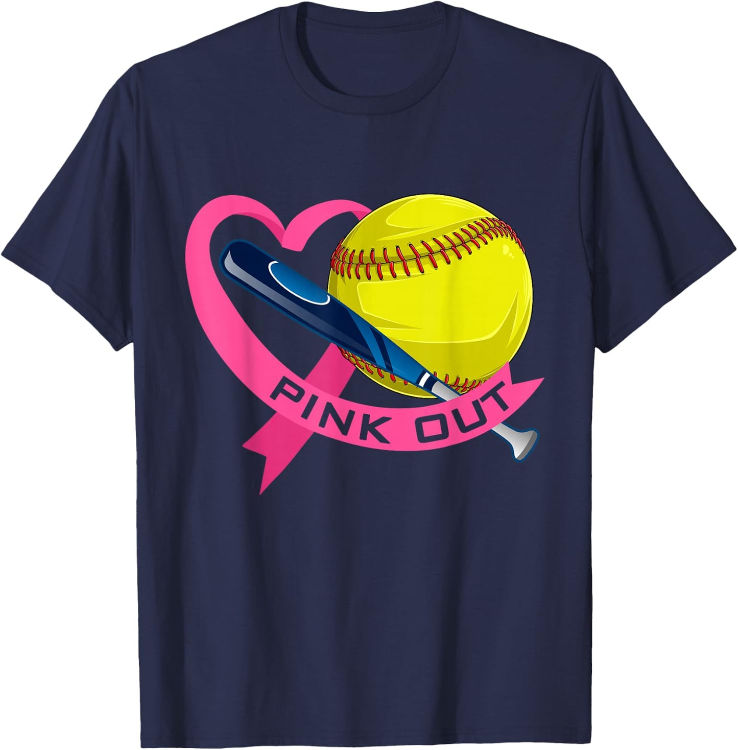 Pink Out Breast Cancer Pink Ribbon Heart With Softball Ball T-Shirt - T-Shirt | Navy