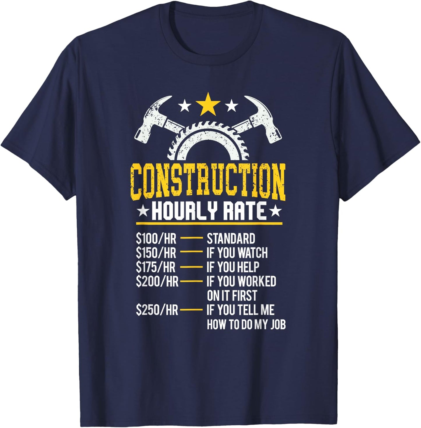 Bau Gift Co. Funny Construction Hourly Rate Contractor - Men's Black Small Classic Fit Short Sleeve T-Shirt - T-Shirt | Navy