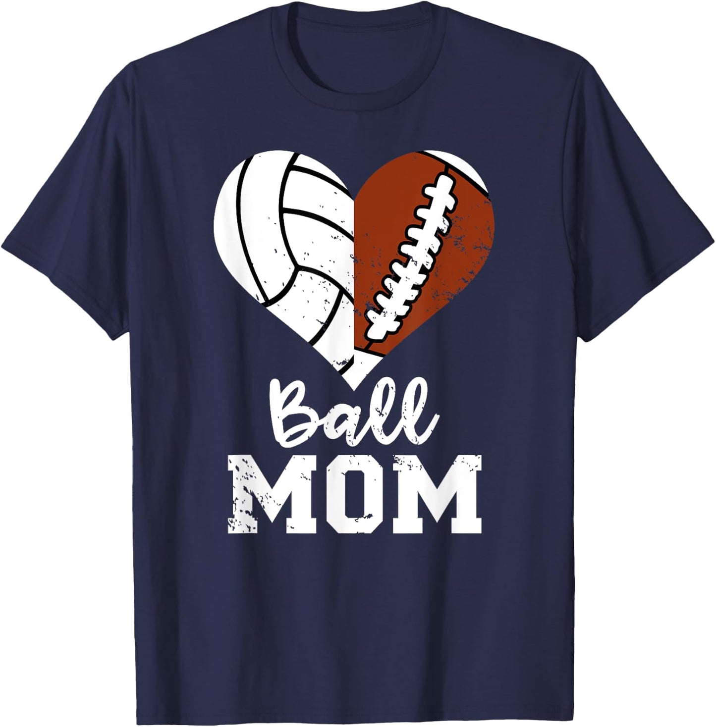 Ball Mom Heart Funny Football Volleyball Mom T-Shirt - T-Shirt | Navy