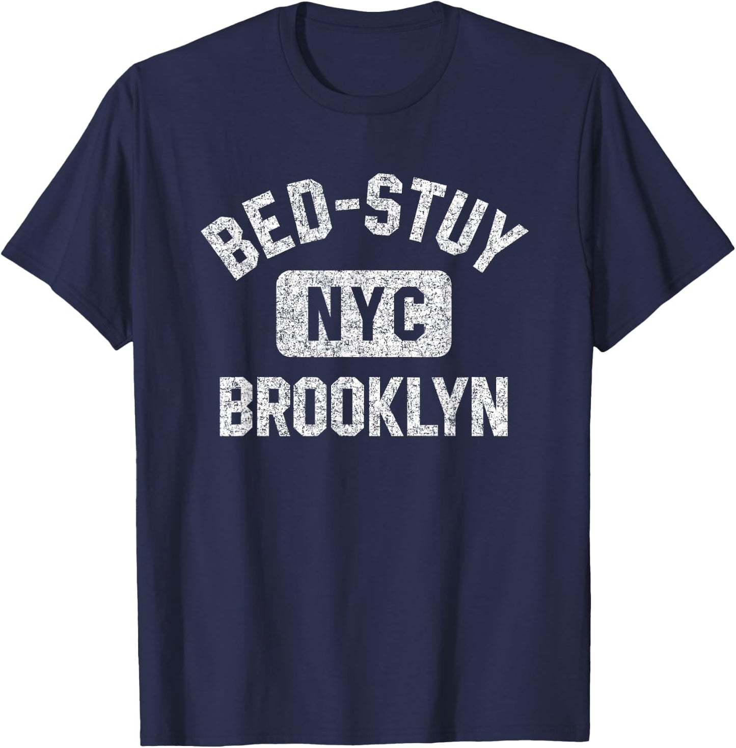 Bed-Stuy Brooklyn NYC Gym Style Distressed White Print T-Shirt - T-Shirt | Navy