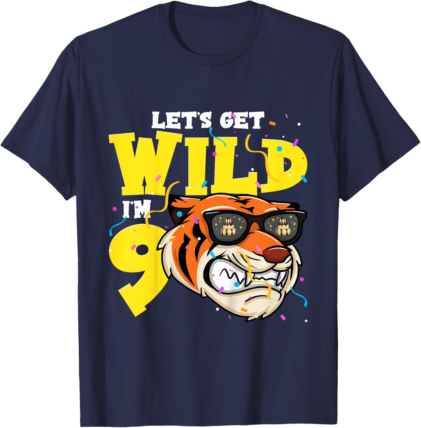 Kids 9th Birthday Tiger Lets Get Wild 9 Year Old Boy Girl T-Shirt - T-Shirt | Navy