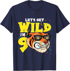 Kids 9th Birthday Tiger Lets Get Wild 9 Year Old Boy Girl T-Shirt - T-Shirt | Navy