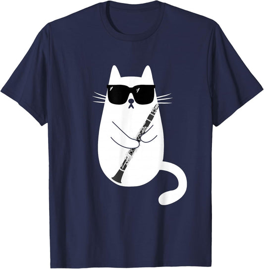 Funny Cat Wearing Sunglasses Playing Clarinet Musician T-Shirt - T-Shirt | Navy