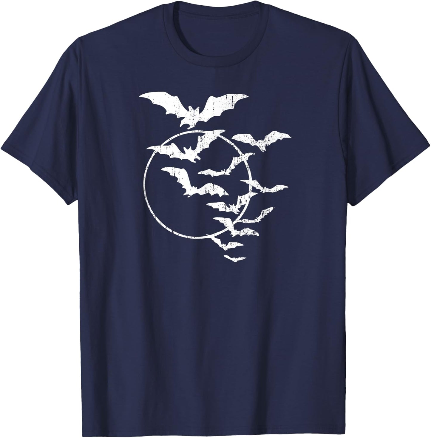 Halloween Swarm of Bats Full Moon Spooky Vintage Art Graphic T-Shirt - T-Shirt | Navy