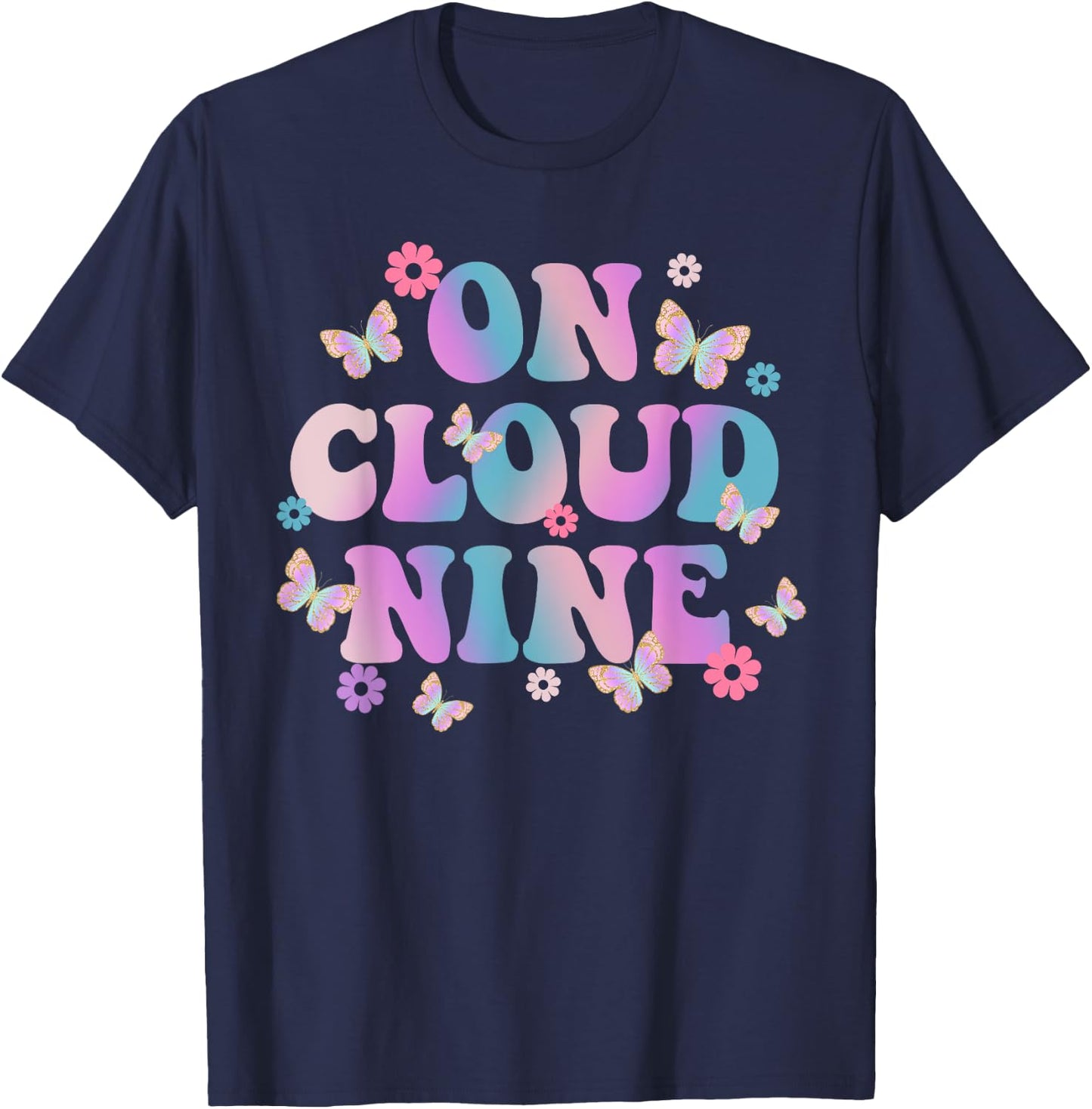 9th Birthday Shirt Girl Rainbow Butterfly On Cloud Nine T-Shirt - T-Shirt | Navy