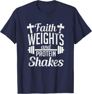 Faith Weights And Protein Shakes Funny Religious Gym T-Shirt - T-Shirt | Navy