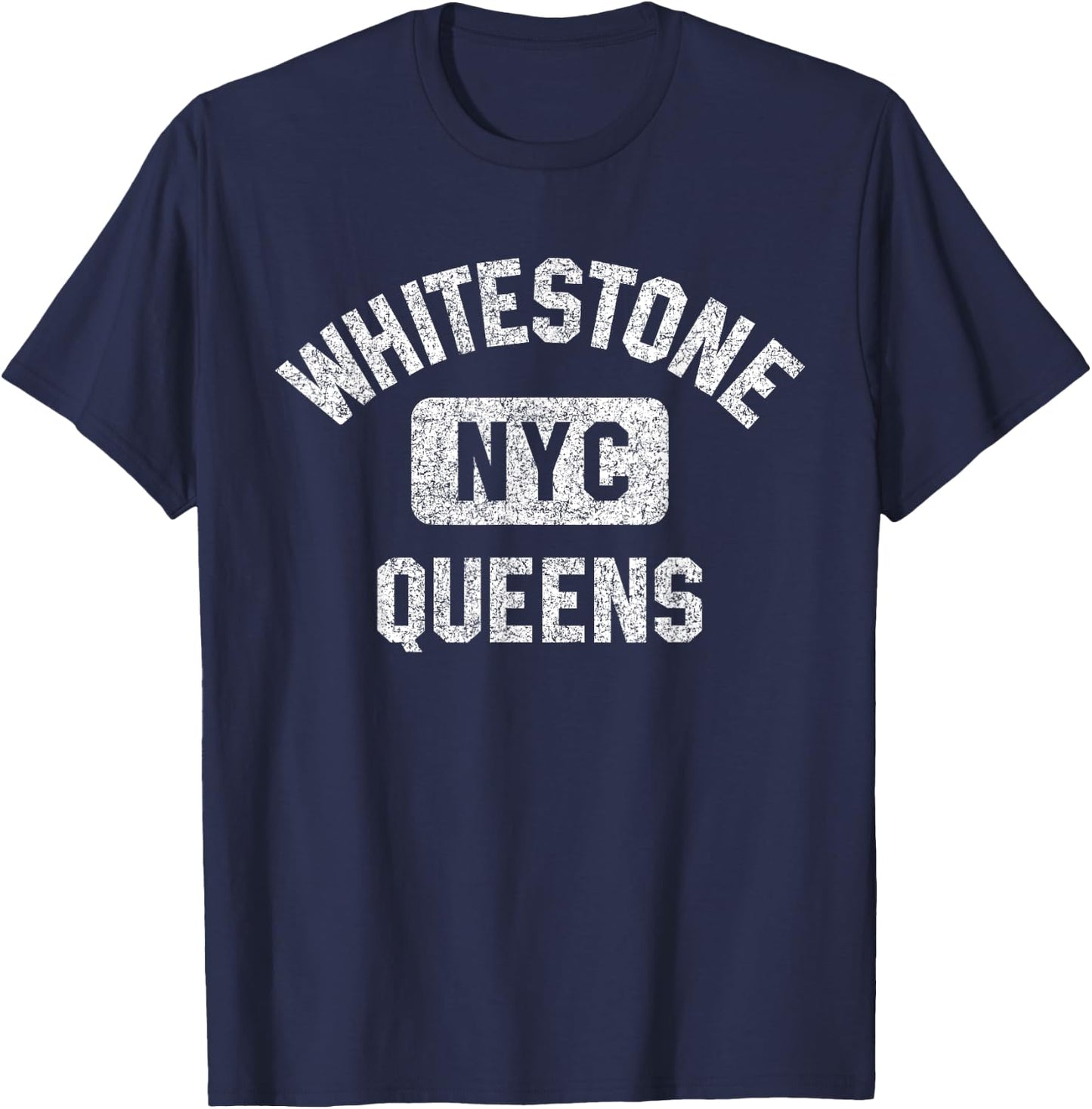 Whitestone Queens NYC Gym Style Distressed White Print T-Shirt - T-Shirt | Navy