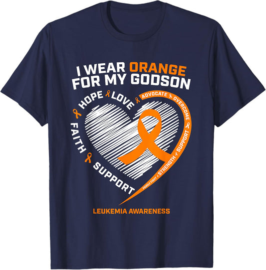 I Wear Orange For My Godson Leukemia Cancer Awareness Heart T-Shirt - T-Shirt | Navy