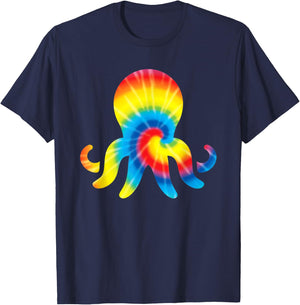 Tie Dye Octopus Rainbow Print Mollusc Hippie Peace Gift T-Shirt - T-Shirt | Navy
