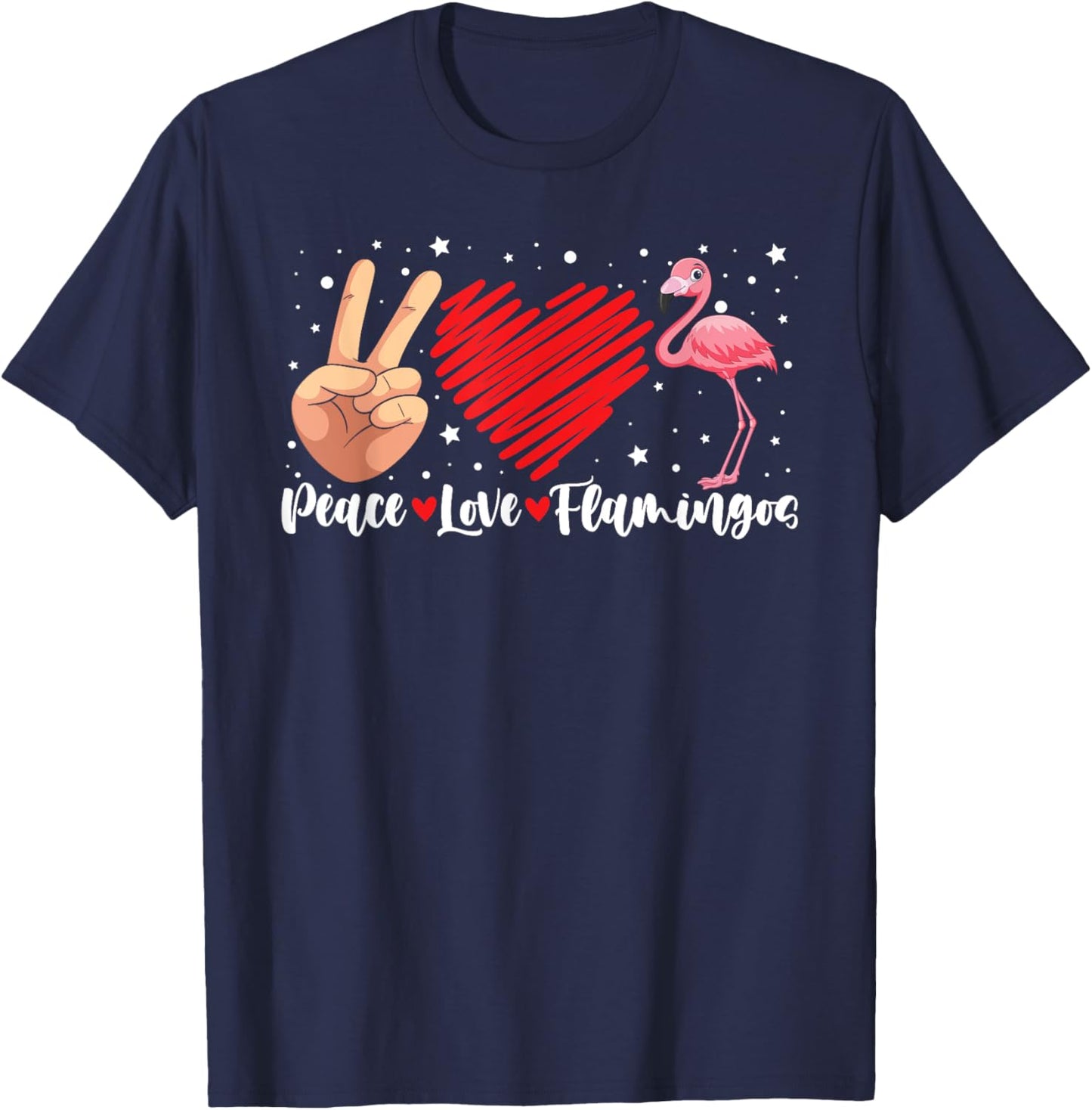 Peace Love Flamingo Hand Sign Heart Flamingo Lovers T-Shirt - T-Shirt | Navy