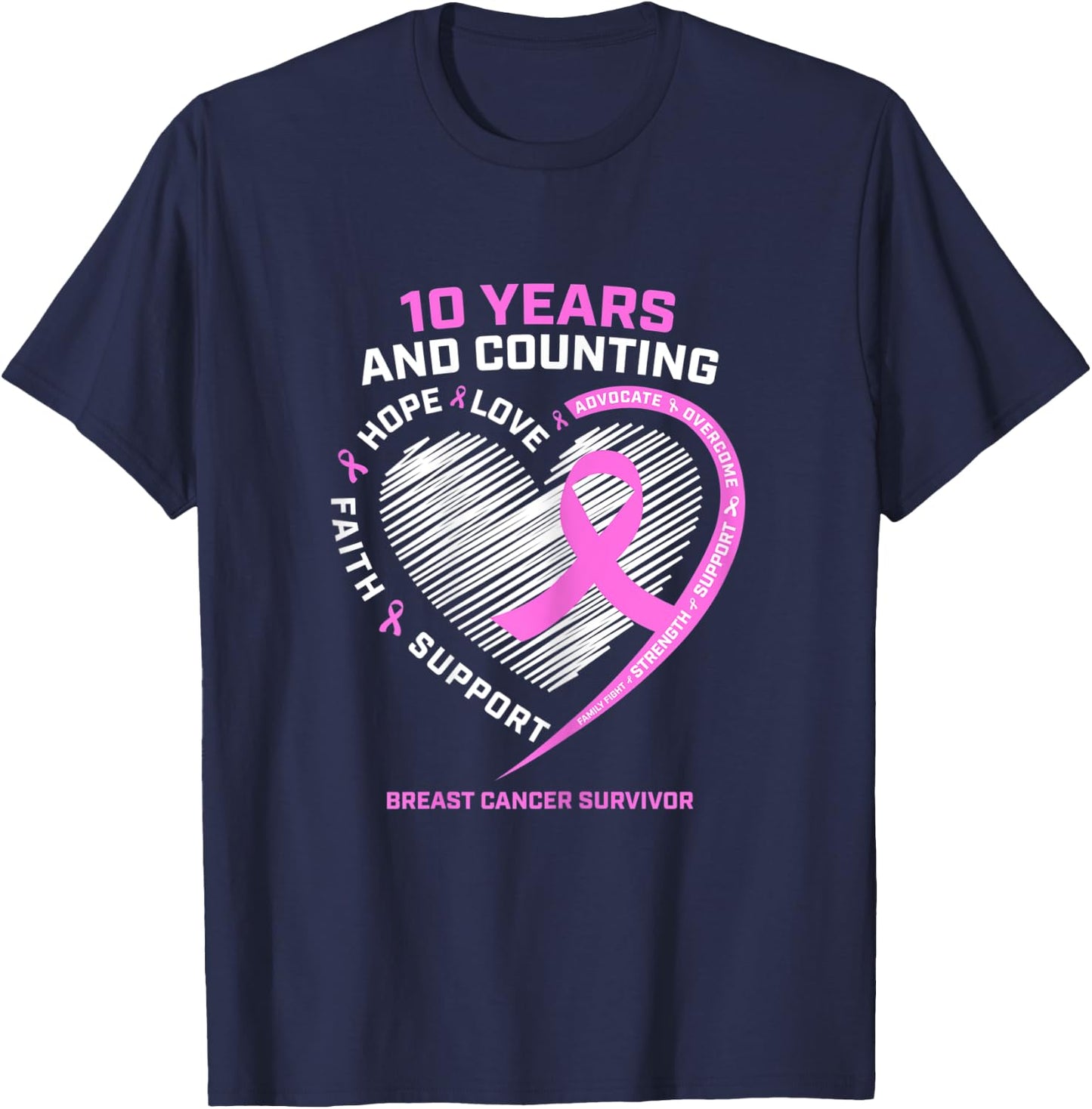 10 Year Breast Cancer Survivor Gifts Warrior Fight Awareness T-Shirt - T-Shirt | Navy